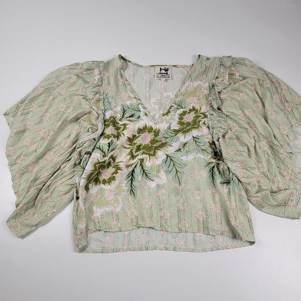 Jaase Light Green Floral V-Neck Ruffle Sleeve Top - Picture 13 of 14